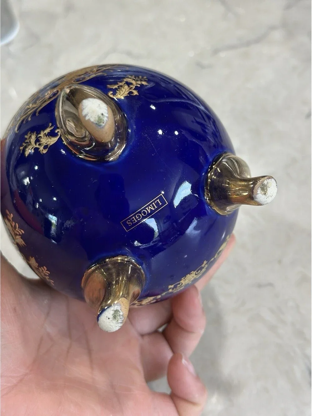 Vintage Limoges French Cobalt Blue Footed Egg Vase With 18k Or 22k Gold Accent